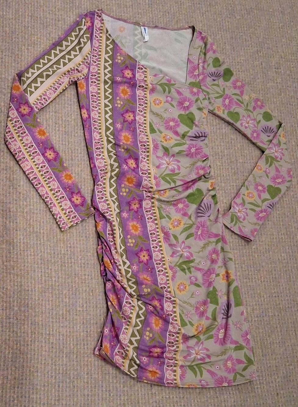 Spell womens small ruched mini dress purple green stretch coquette